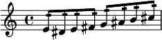 
{ \relative c' { e8:16 dis: e: fis: | g: ais: b: cis: } }
