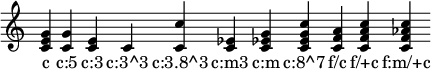 
{  \override Staff.TimeSignature #'stencil = ##f \time 1/4 \override Score.BarLine.stencil = ##f
\chordmode { c c:5 c:3 c:3^3 c:3.8^3 c:m3 c:m c:8^7 f/c f/+c f:m/+c }
\addlyrics { c "c:5" "c:3" "c:3^3" "c:3.8^3" "c:m3" "c:m" "c:8^7" "f/c" "f/+c" "f:m/+c" }
}
