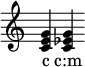  { \override TimeSignature.stencil = ##f \override Staff.TimeSignature #'stencil = ##f \time 1/4 \cadenzaOn
\chordmode { c c:m }
\addlyrics { c c:m }
}

